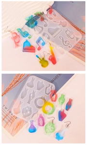 Detailed macro view of musical instrument and vase shaped silicone earring molds and resin crafts