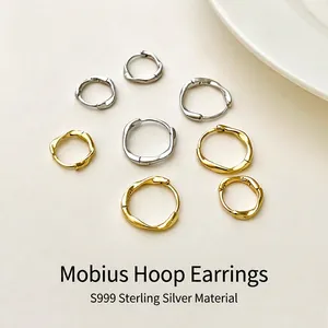 S999 Sterling Silver Mobius Hoop Earrings For Women Minimalist Geometric Twisted Circle Ear Buckle Polished Fashion Jewelry Gift