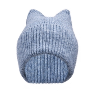 Close-up of light blue cat ear beanie showing thick ribbed knit texture and soft fuzzy yarn