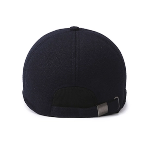 Navy blue wool baseball cap for men featuring adjustable metal buckle and warm texture