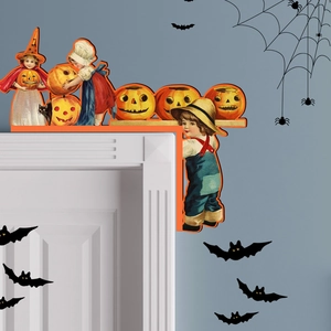 Detail of vintage Halloween door corner sign with children, pumpkins and black cats