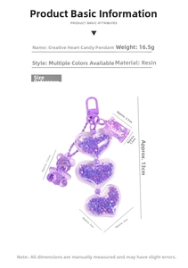 Detail of purple acrylic heart keychain with sequins and sweet resin bear charm