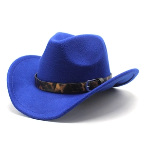 Detail of royal blue wool cowboy hat featuring leopard print belt and silver buckle