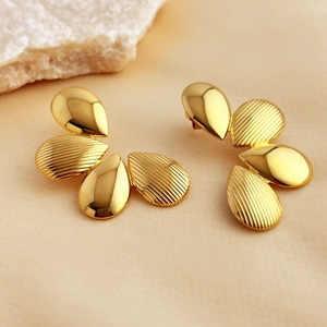 French vintage striped flower earrings in gold finish with textured petal details