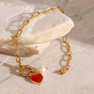 18k gold plated stainless steel bracelet with red enamel heart and pearl pendants