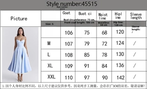 Size chart for blue French tulle dress showing measurements from S to XXL for a perfect fit