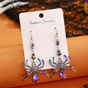 Rainbow spider drop earrings with crystal drop and rhinestones on a white display card