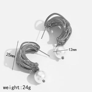 C-shaped twisted stainless steel earrings with white pearl pendants and dark gray finish