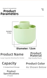 Detail of 360-degree rotating pen holder with five-compartment sorting system