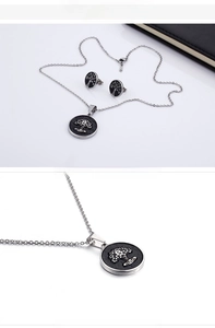 Detail view of the vintage Tree of Life pendant and earrings in silver and black finish
