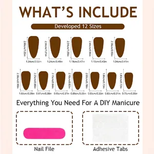 Almond press-on nails size chart with 12 sizes, nail file and adhesive tabs details