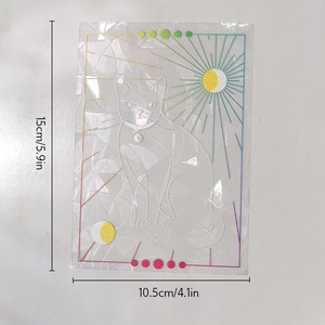 Rainbow prism cat window sticker showing dimensions 15cm x 10.5cm on white background