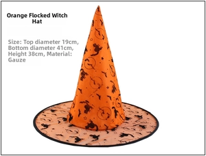 Detailed size specifications for orange Halloween witch hat with mesh star prints