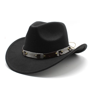 Black western cowboy hat made of thick felt with vintage bronze rivet leather decorative band
