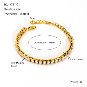 Detail view of gold stainless steel tennis bracelet with 4x4mm square zirconia stones