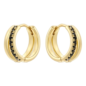 Luxurious gold double-hoop huggie earrings with pave-set black cubic zirconia stones