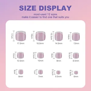 Size display chart for French press-on toe nails in various dimensions and solid colors