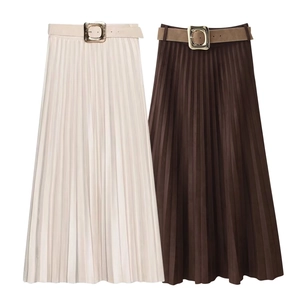 Gonna Midi Pieghettata Effetto Scamosciato Da Donna Con Cintura Vita Alta Tinta Unita Elegante Linea A Streetwear