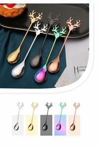 Detail of five-color stainless steel elk antler coffee spoons with metallic plating