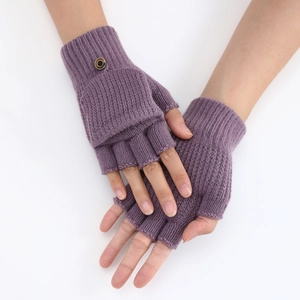 Close-up of purple knit convertible gloves with flip top and fashion button detail