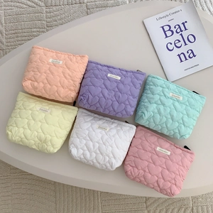 Heart Quilted Cotton Makeup Bag Large Capacity Portable Cosmetic Storage Pouch Clutch For Women