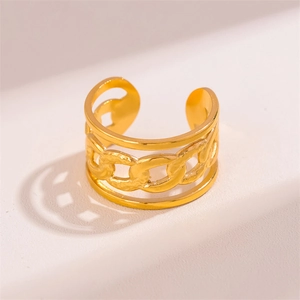 Minimalist adjustable golden stainless steel chain link ring with a modern industrial design