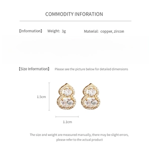 Detail showing gourd zircon earrings dimensions of 1.5x1.1cm and 3g copper material
