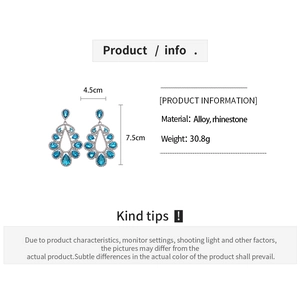 Size specifications for luxury teardrop earrings with alloy material and rhinestone detail