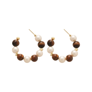 Boucles d'oreilles vintage en C avec perles d'oeil de tigre et perles sur tiges en argent