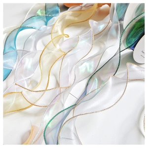 Close-up of iridescent chiffon ribbons with metallic wire edges for DIY gift wrapping