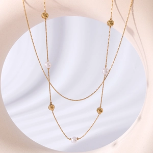 Elegant 18K gold-plated double-layer necklace with golden beads and white pearls