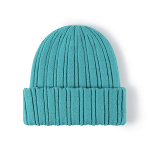 Thick lake blue double-layered rib-knit beanie hat with cuffed hem for winter warmth