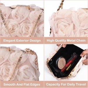 Elegant beige chiffon floral evening bag with crystal clasp and chain strap view