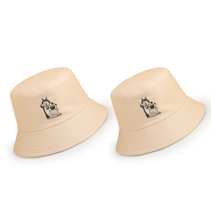 Beige canvas bucket hat featuring cute cartoon husky and pug puppy illustrations