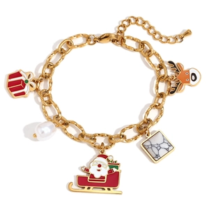 18K gold plated stainless steel Christmas bracelet with Santa and reindeer charms