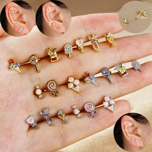 Stainless Steel Zircon Stud Earrings Lollipop Ice Cream Fruit Shape Helix Piercing Jewelry For Women Screw Back
