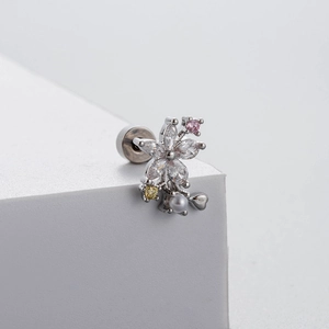 Silver steel screw back earring with flower zirconia and white pearl drop charm