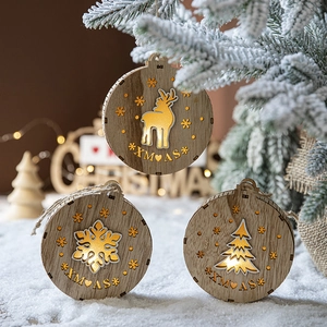 Christmas Wooden LED Glowing Hanging Ornaments Round Hollow Wood Snowflake Reindeer Xmas Tree Holiday Decor Pendant