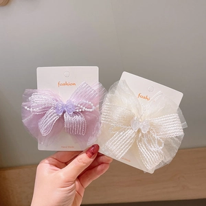 Sweet chiffon bow hair clips in purple and white with beads for girls' hairstyles