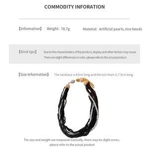 Detailed specs of multi-layer beaded necklace with faux pearls and gold lobster clasp