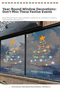 Christmas tree window sticker with colorful stars and Merry Christmas greeting text