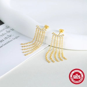 Sparkling S925 sterling silver gold fringe earrings with dangling zircon accents
