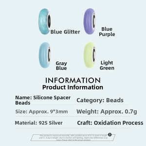 Detailed specs for 925 sterling silver silicone spacer beads in four pastel colors