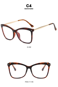 Cat eye glasses frame with tortoise pattern and gold metal temples in side and front views