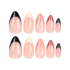 Pink and black French almond press-on nails with a high-gloss jelly finish for women