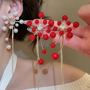 Elegant Flower Tassel Earrings Zircon Faux Artificial Pearl Vintage Luxury Jewelry With 925 Sterling Silver Earring Post For Women