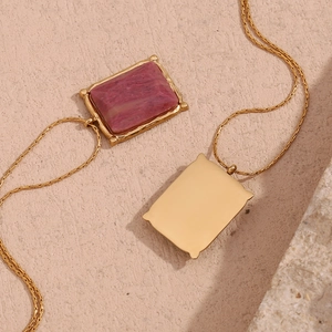 18K gold plated stainless steel necklace featuring a rectangular pink natural stone pendant