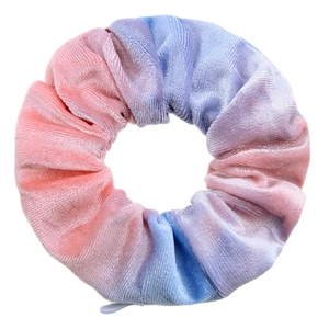 Pink and blue tie-dye velvet scrunchie with zipper pocket design on white background