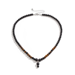 Men's fashion necklace with black lava and brown tiger eye stone beads in U-shape