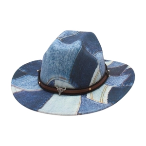 Western cowboy fedora in blue denim texture with leather strap and silver bull skull buckle